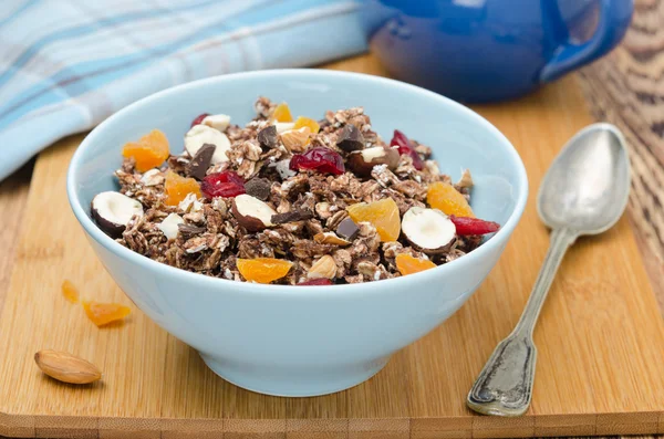 Schokoladen-Müsli mit Nüssen und Trockenfrüchten horizontal — Stockfoto