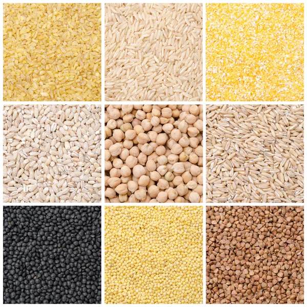 Collage of nine kinds of cereals and legumes — Stock Photo, Image