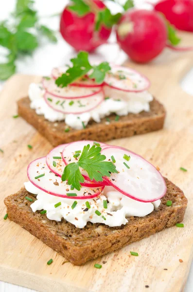 Korn bröd med mjuk ost, rädisor och gröna — Stockfoto