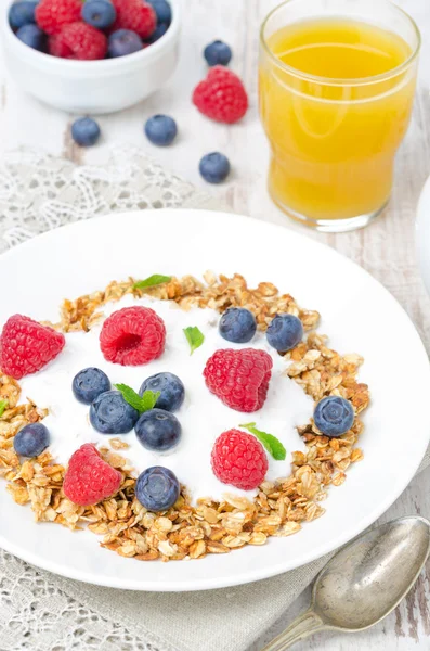 Homemade granola with yogurt, raspberries, blueberries — Stock Photo, Image