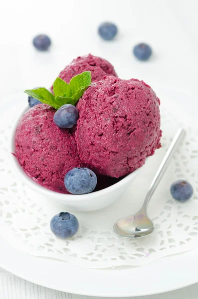 Refreshing blueberry sorbet in a white bowl — Stock Photo, Image