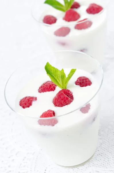 Panna cotta with fresh raspberries close-up — Stock Photo, Image
