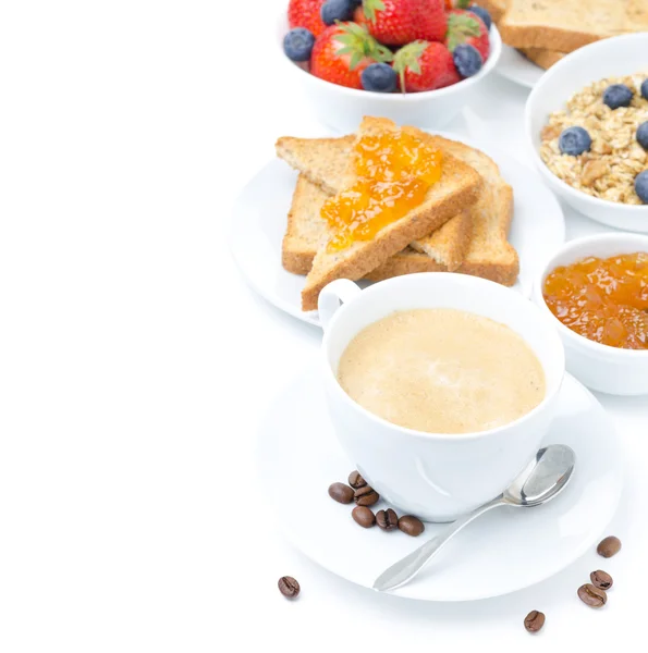 Cup of cappuccino, toast with orange jam, berries and muesli — Stock Photo, Image