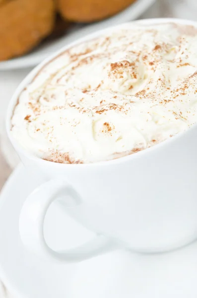 Close-up of cocoa with cinnamon and whipped cream — Stock Photo, Image