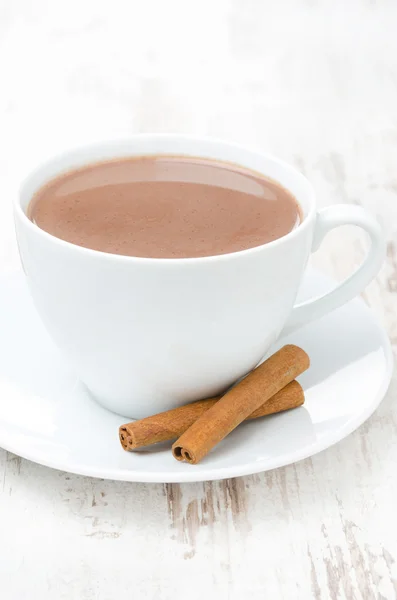 Cup of cocoa with cinnamon on a white table — Stock Photo, Image