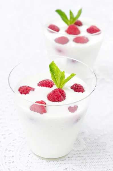 Panna cotta s čerstvými malinami, vertikální — Stock fotografie