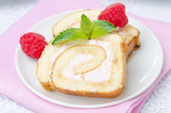 Piece of swiss roll with raspberry cream — Stock Photo, Image