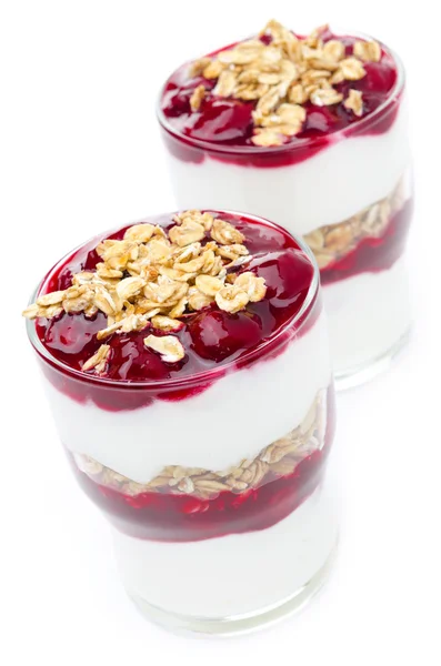 Layered dessert made of yogurt, granola and cherry — Stock Photo, Image