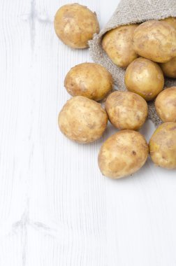 Yeni metin alanı olan beyaz bir arka planda bir çuval patates