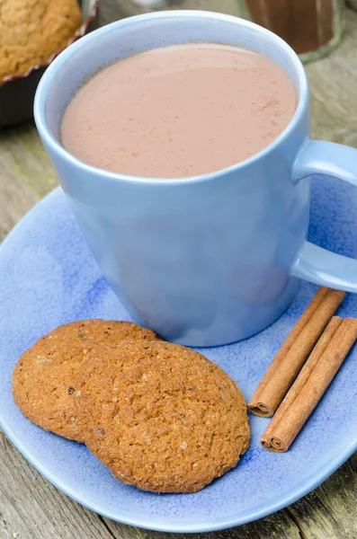 Blå kopp choklad med kanel och havregryn kakor närbild — Stockfoto