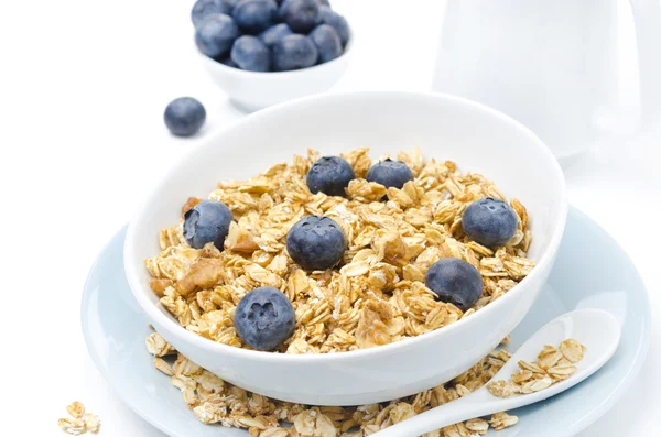 Primer plano de muesli casero, arándanos y leche —  Fotos de Stock