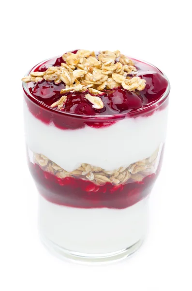 Close-up of layered dessert with yogurt, granola and cherry — Stock Photo, Image