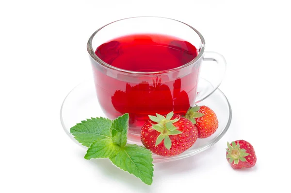 Cup of red tea with fresh strawberries, mint isolated on white — Stock Photo, Image