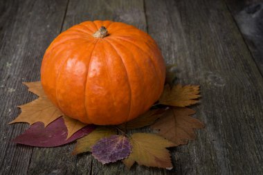 Oranje pompoen op de oude houten achtergrond en ruimte voor tekst