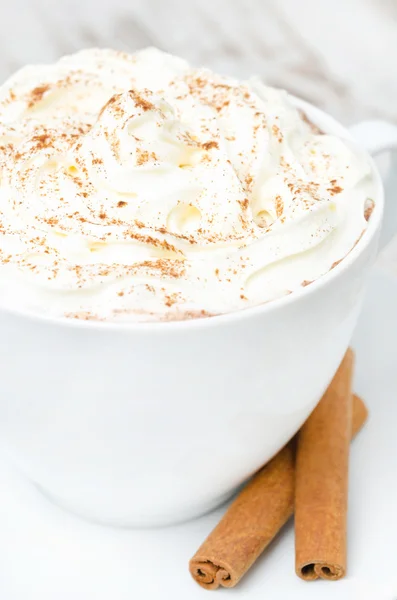 Cup of cocoa with cinnamon and whipped cream close-up — Stock Photo, Image