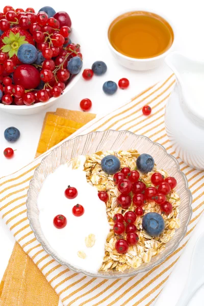 Breakfast - muesli with berries, yogurt, honey and milk — Stock Photo, Image