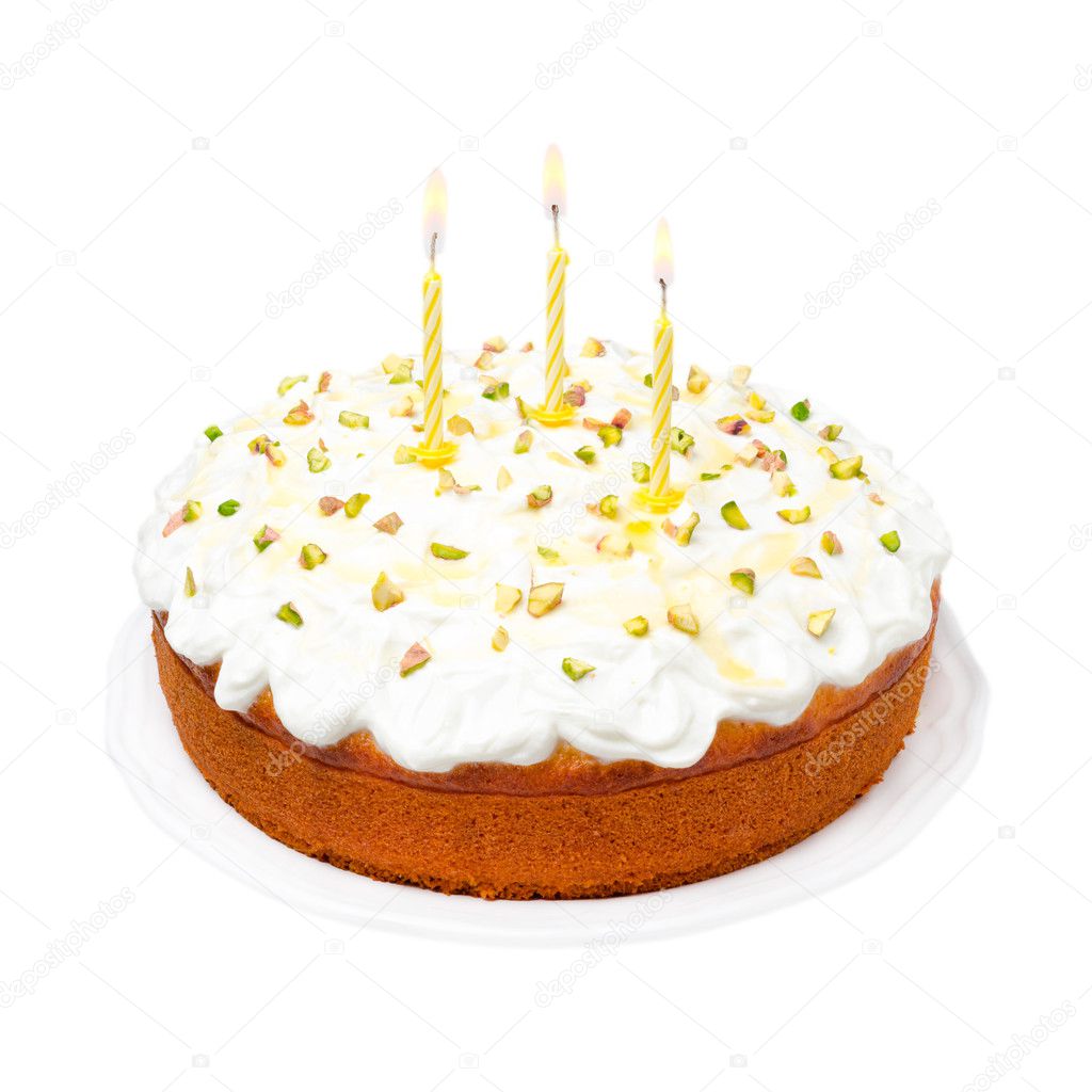 birthday cake with yogurt icing and candles isolated on white