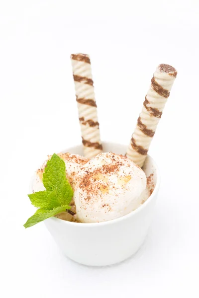 Ice cream with ginger and chocolate, decorated with waffles — Stock Photo, Image