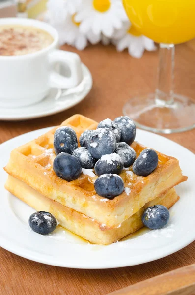 Belgian waffles with blueberries, coffee and orange juice — Stock Photo, Image
