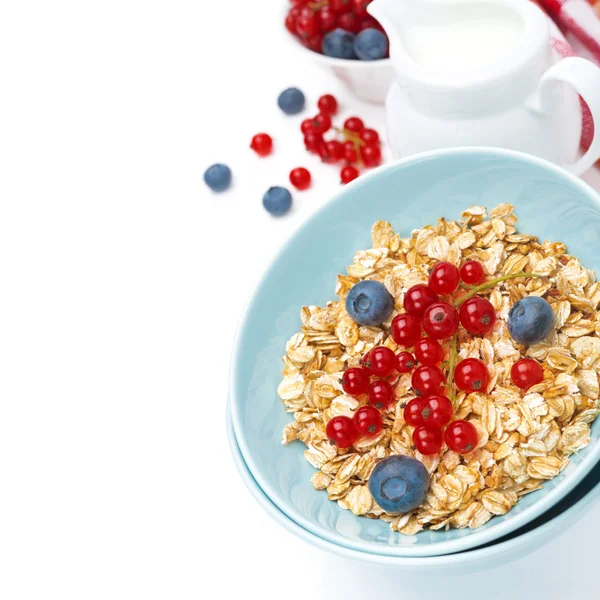Taze kahvaltı - yaban mersini ve kırmızı kuş üzümü ile müsli — Stok fotoğraf