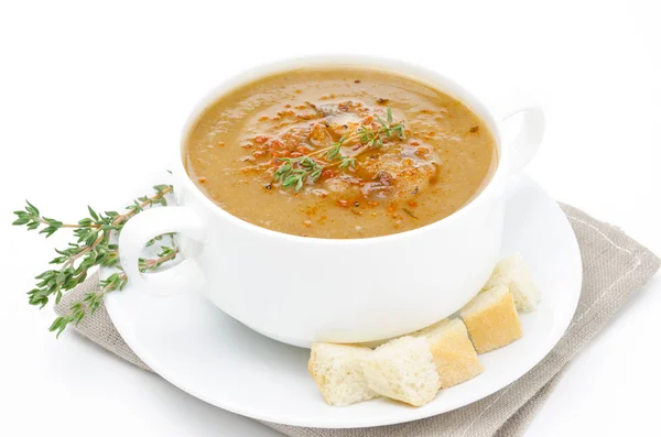 Mushroom soup in a bowl with croutons and thyme isolated — Stock Photo, Image