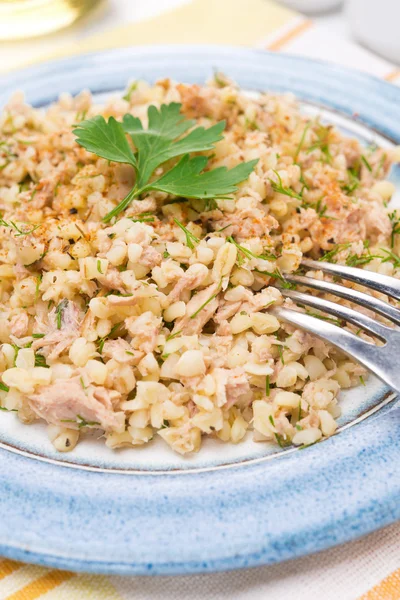 Ensalada con bulgur, atún y hierbas, primer plano, enfoque selectivo —  Fotos de Stock