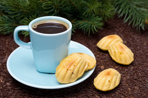 Xícara de café e biscoitos madeleines e ramos de abeto — Fotografia de Stock