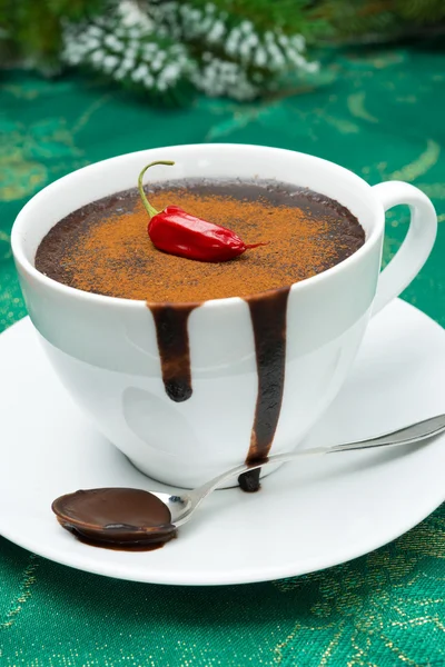 Cup of hot chocolate with chilli, cinnamon — Stock Photo, Image