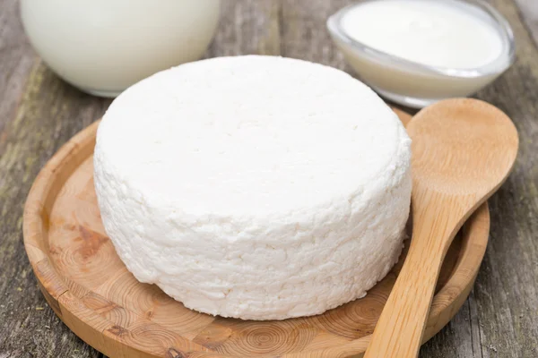 Queijo caseiro fresco, iogurte e leite, close-up — Fotografia de Stock