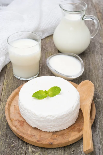 Fresh homemade cottage cheese, yogurt and milk — Stock Photo, Image