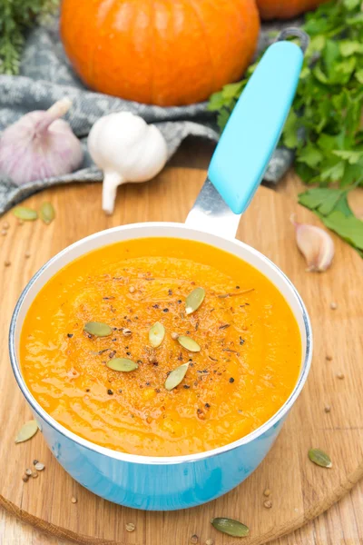 Kryddig pumpa soppa med koriander i en blå kastrull — Stockfoto