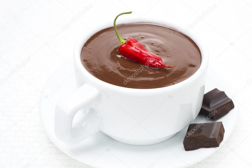 cup of hot chocolate with chili on white