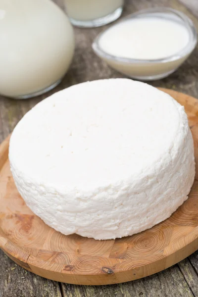 Fresh homemade cottage cheese, yogurt and milk, selective focus — Stock Photo, Image