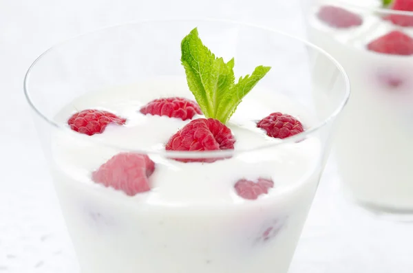 Close-up of panna cotta with fresh raspberries horizontal — Stock Photo, Image