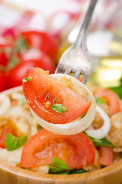 Italienischer Salat Panzanella mit Tomaten, Zwiebeln und Croutons — Stockfoto