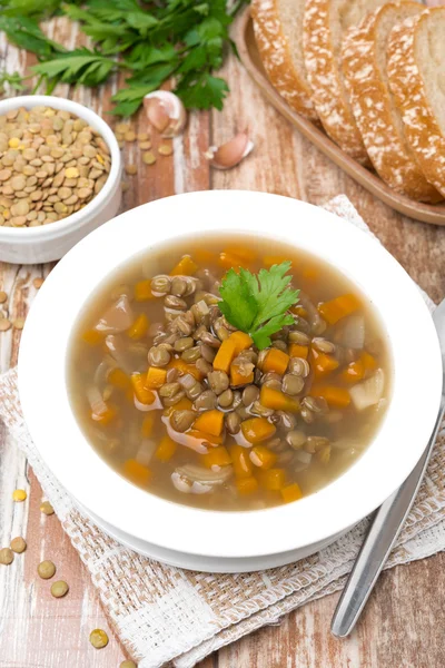 Plate of vegetable soup with lentils on the table — Stock Photo, Image