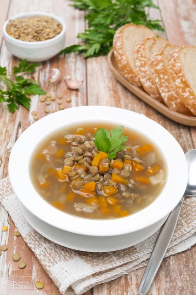 Овощной суп с чечевицей в тарелке — стоковое фото