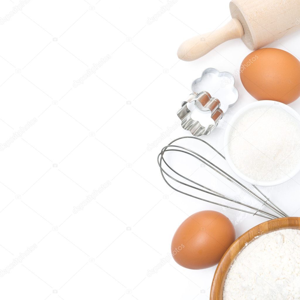 ingredients for baking, top view, isolated on white