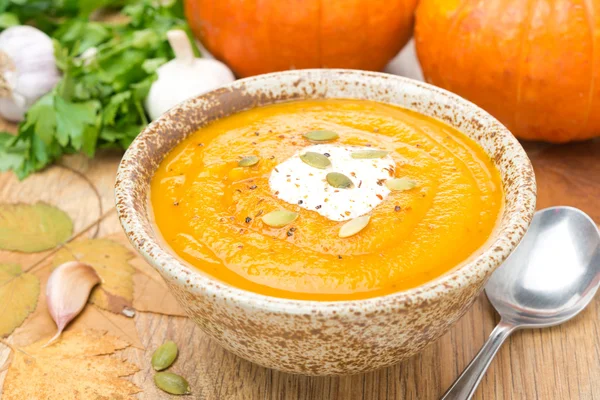 Pumpkin soup with coriander in a bowl — Stock Photo, Image