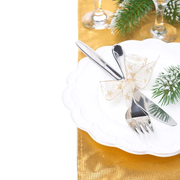 Christmas table place setting in golden tones, isolated — Stock Photo, Image