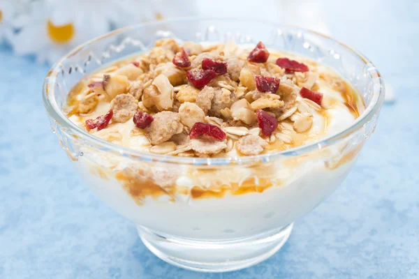 Dessert of natural yogurt with maple syrup, granola and nuts — Stock Photo, Image