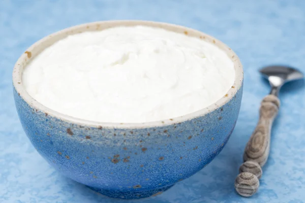 Silný domácí přírodní jogurt v misce, selektivní zaměření — Stock fotografie