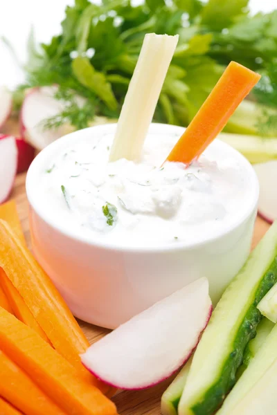 Vegetable assortment and sauce with feta, close-up — Stock Photo, Image