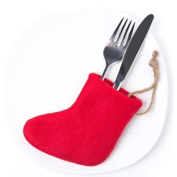 Christmas table setting with red boots, isolated on white — Stock Photo, Image