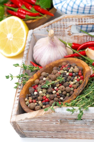 Bowl with dried pepper, thyme, garlic and chilli on wooden tray — Stock Photo, Image