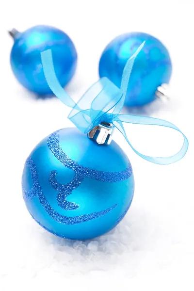 Three blue Christmas balls, close-up, isolated on white — Stock Photo, Image