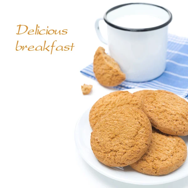 Plaka ve süt izole bir fincan yulaf ezmeli kurabiye — Stok fotoğraf