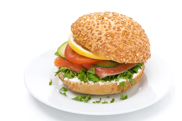Burger with smoked salmon and vegetables on the plate, isolated — Stock Photo, Image