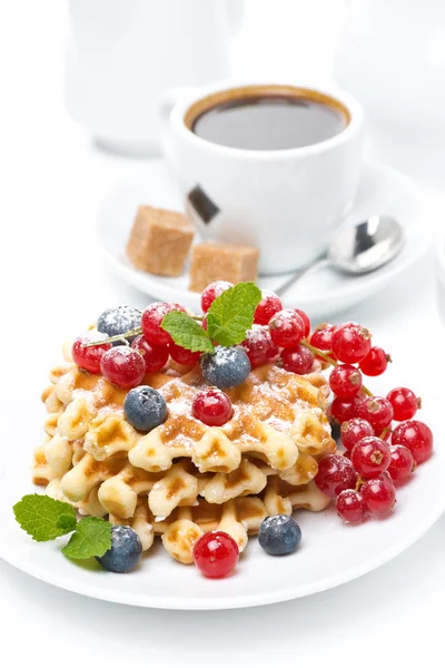 Delicious breakfast with Belgian waffles, berries and coffee — Stock Photo, Image