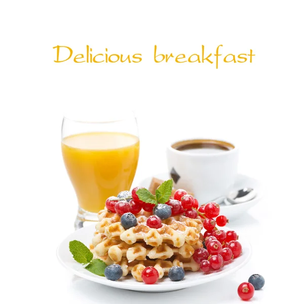 Delicious breakfast with Belgian waffles and berries, isolated — Stock Photo, Image